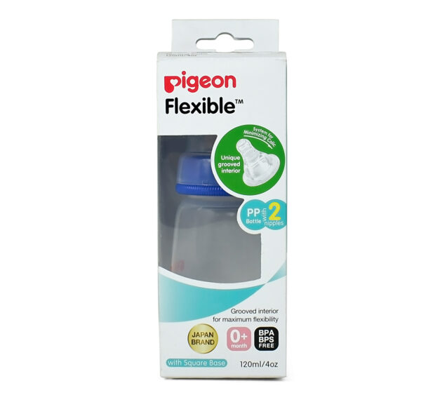 Pigeon Polypropylene Flexible Feeding Bottle Blue with 2 Peristaltic Nipples - 120 ml-0