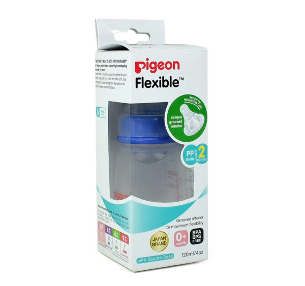 Pigeon Polypropylene Flexible Feeding Bottle Blue with 2 Peristaltic Nipples - 120 ml-28121