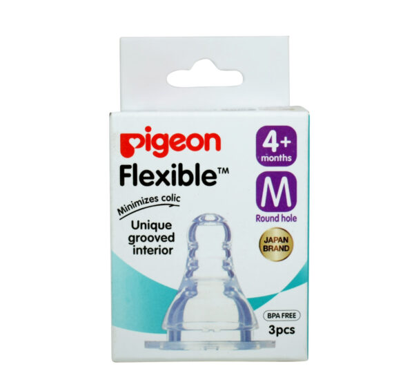 Pigeon Flexible Medium Size Nipple For Slim Neck, Round Hole (4M+) - Pack of 3-0