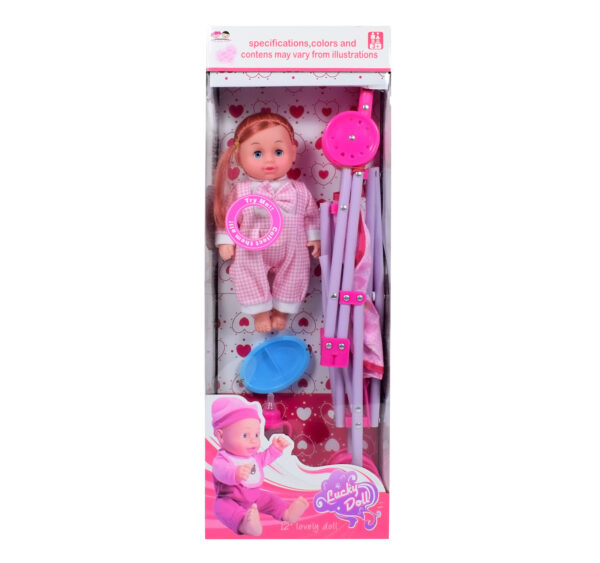 12 Inch Lovely Doll with Stroller - Pink-0