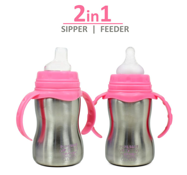 Papa Baby 2 in 1 Steel Feeding Bottle cum Spout Sipper - Pink-0