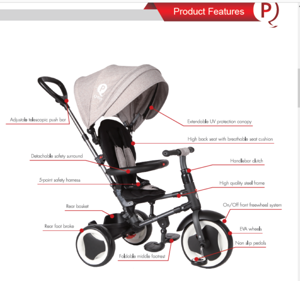 Qplay Rito 6-in-1 Baby Stroller Tricycle with Push Bar - Red-28592