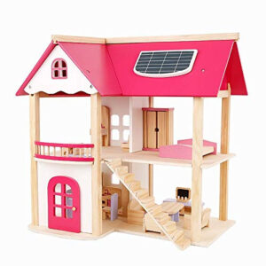 Pretend Play Wooden Pink Dollhouse, Doll House with Furniture for Kids-0