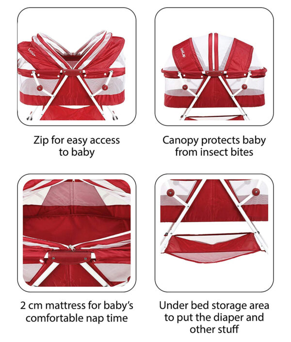 Luvlap Sunshine Baby Bed, Bassinet with Wheels (18362) - Red-30415