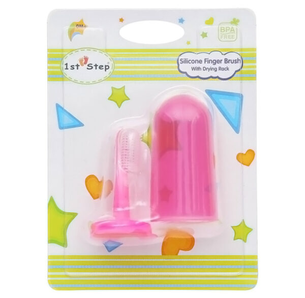 1st Step BPA Free Silicone Finger Brush With Drying Rack - Pink-0