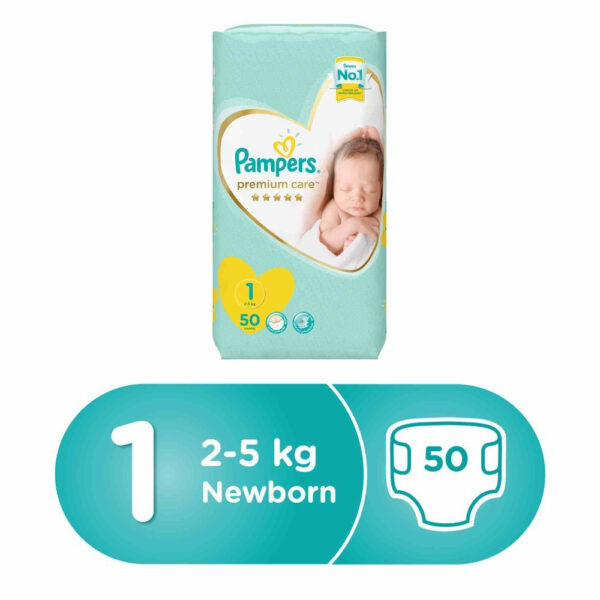 Pampers Premium Care Diapers, Size 1, Newborn, 2-5 kg, Mid Pack, 50 Count-0